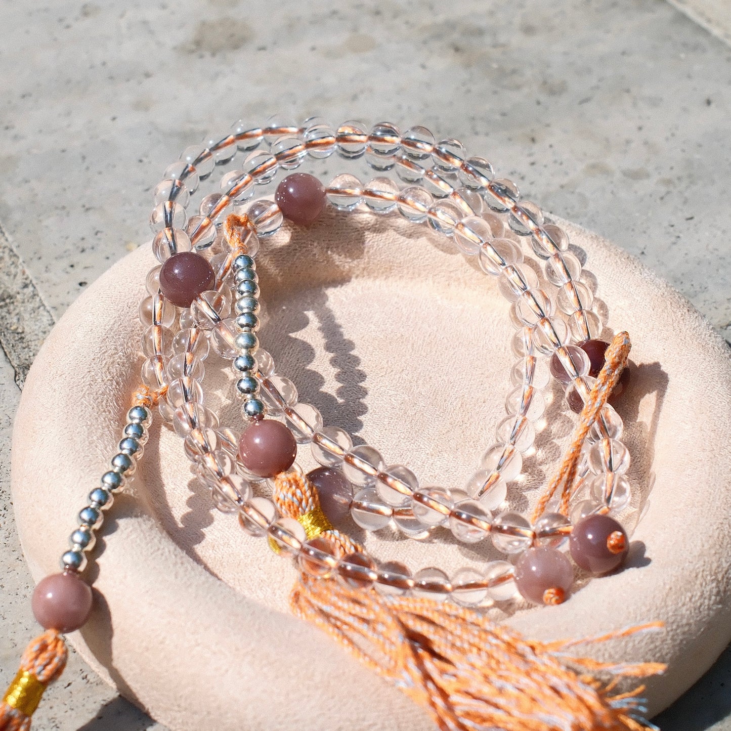 108 Bead White Quartz Mala with Purple Rutilated Quartz Accents