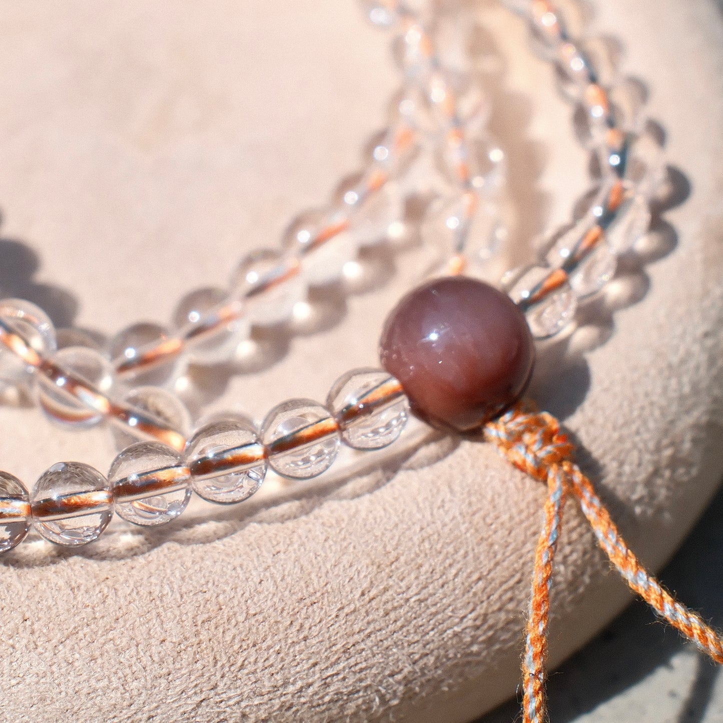 108 Bead White Quartz Mala with Purple Rutilated Quartz Accents