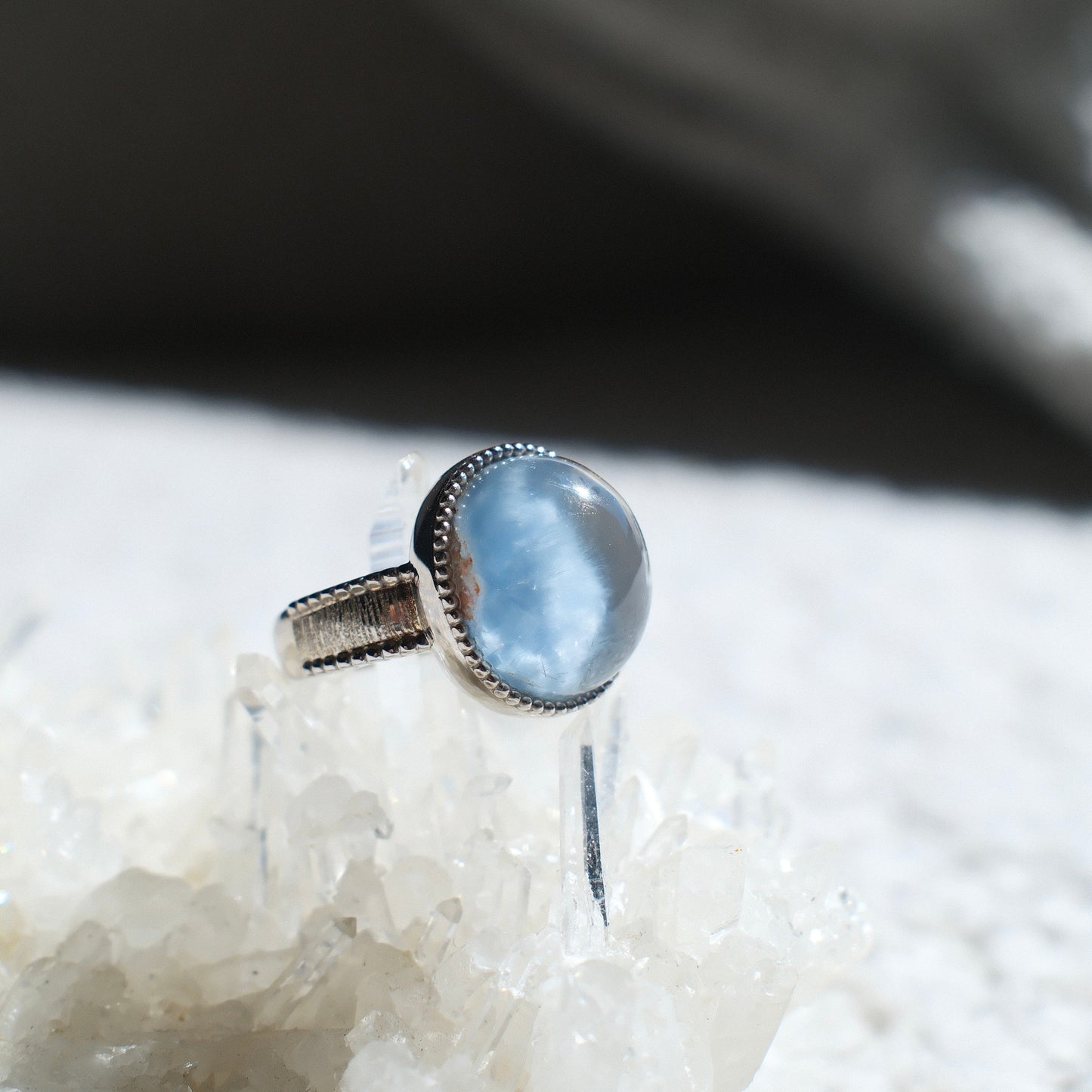 Dumortierite (special feature) in Quartz Ring