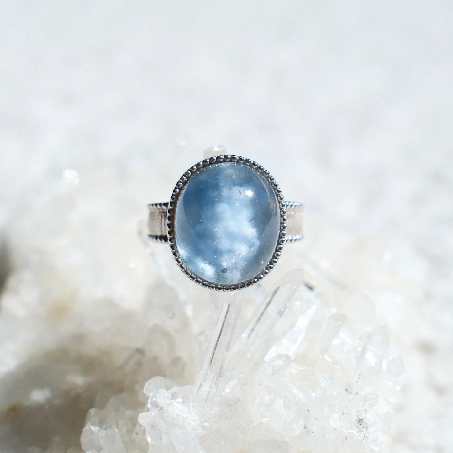 Dumortierite (special feature) in Quartz Ring