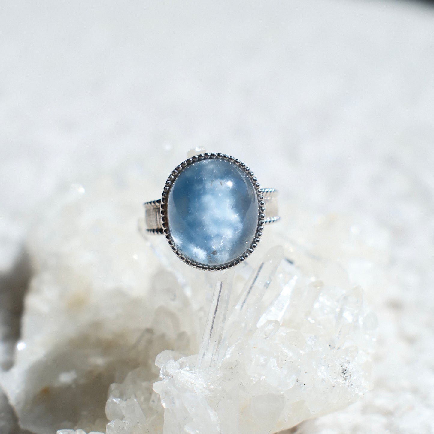 Dumortierite (special feature) in Quartz Ring